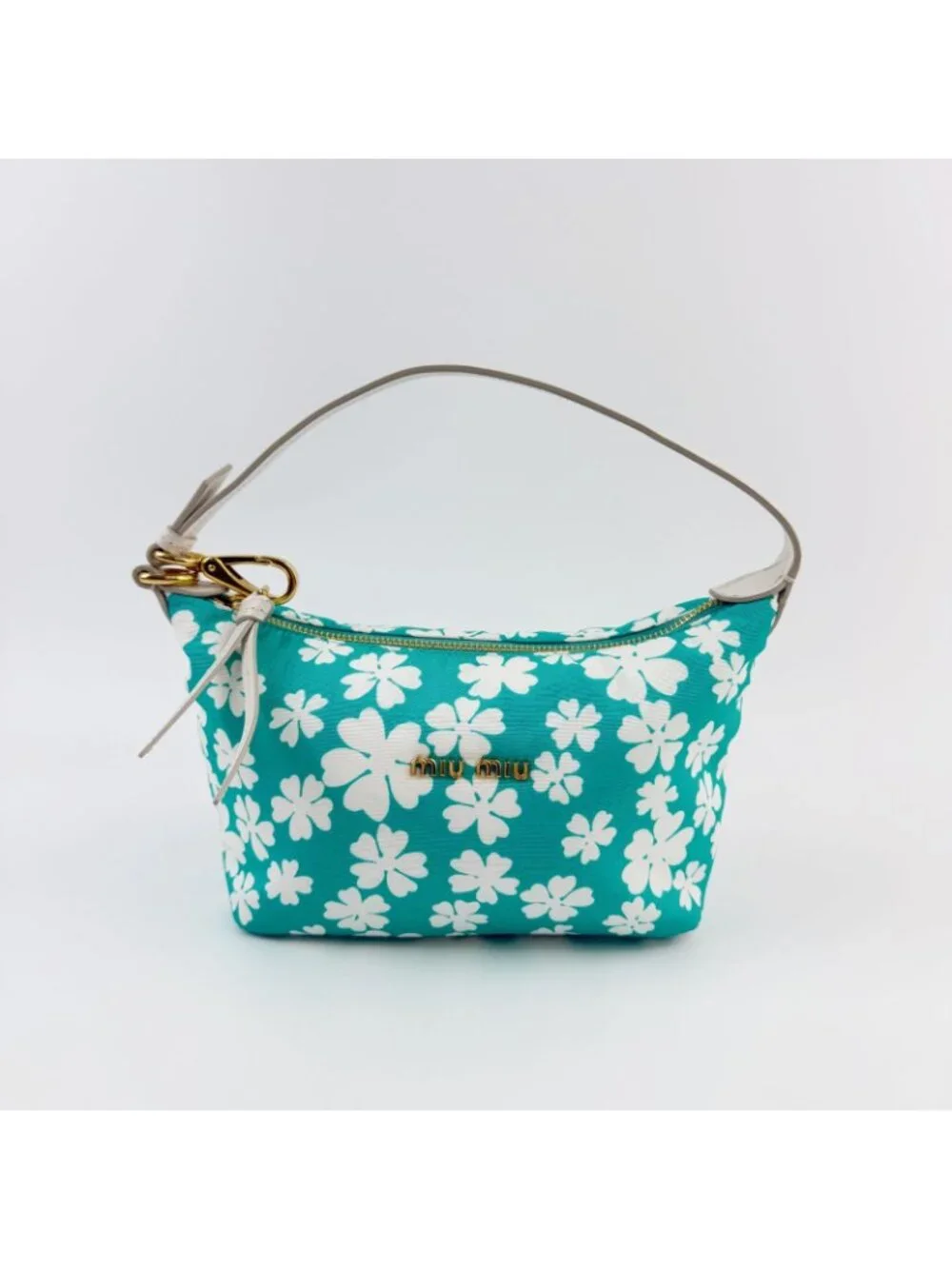 Miu Miu Spirit Floral Re-Nylon Handbag Pouch Nylon Leather Green White Gold